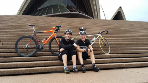 Matteo Cassina and Steve on the steps of the Sydney Opera House with each of their Passoni behind.